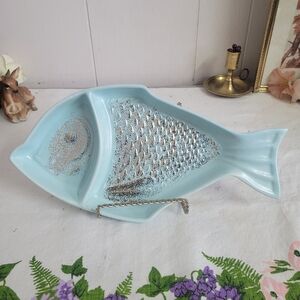 Vintage Ceramic Fish-Shaped Dish - Light Blue and Gold USA